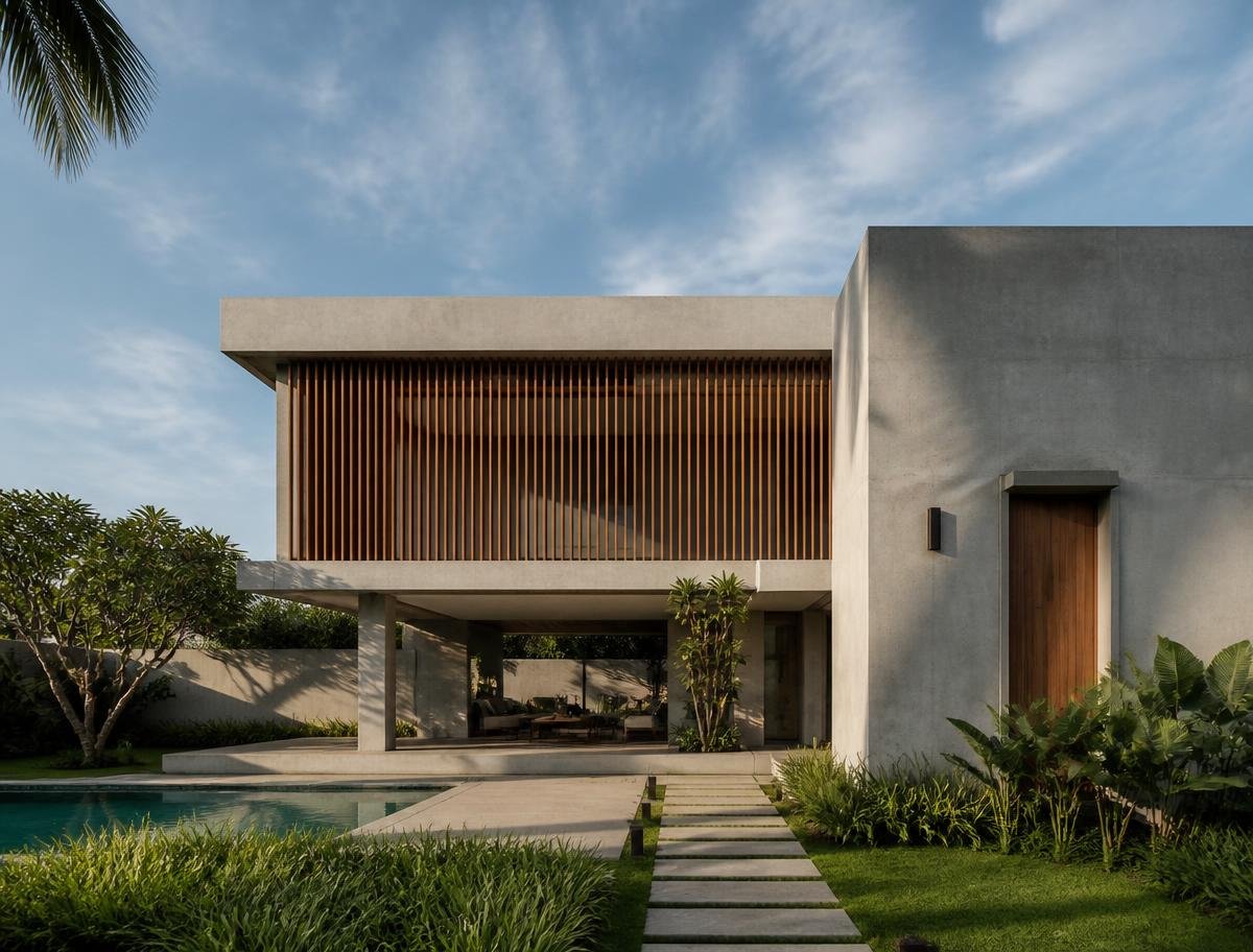 Modern tropical residence with concrete planes and timber screens